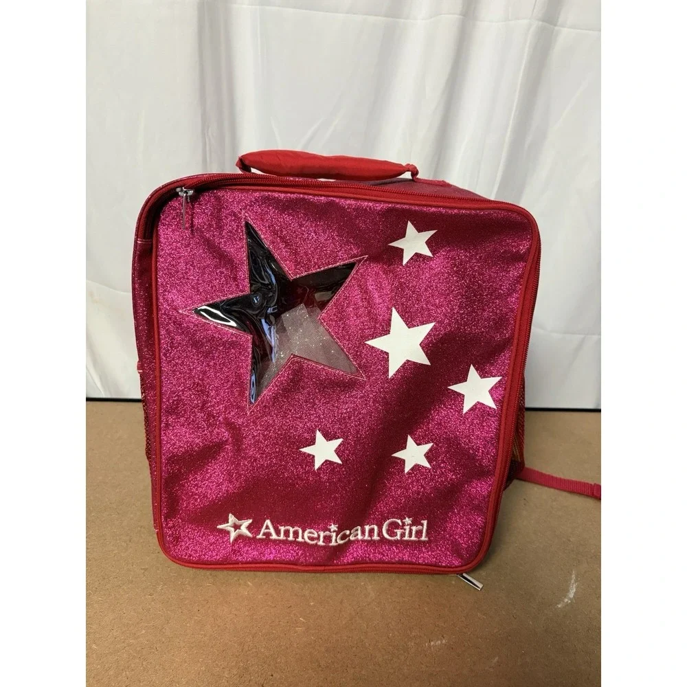 Authentic AMERICAN GIRL Doll Backpack Carrier Sparkle PINK With Clothing Shown